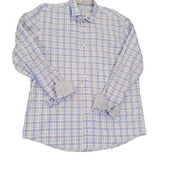 BUGATCHI Button Up Shirt Shaped Fit Cotton Flip Cuff Plaid Striped Blue Mens XL - Picture 1 of 11